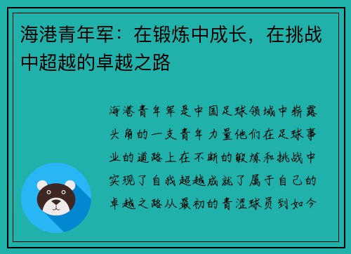 海港青年军:在锻炼中成长,在挑战中超越的卓越之路 海港青年军:在锻炼中成长,在挑战中超越的卓越之路