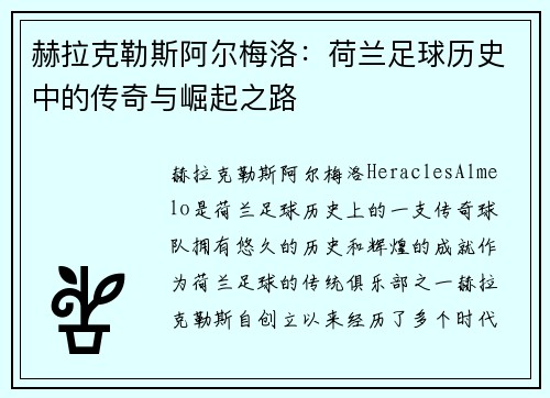 赫拉克勒斯阿尔梅洛:荷兰足球历史中的传奇与崛起之路 赫拉克勒斯阿尔梅洛:荷兰足球历史中的传奇与崛起之路