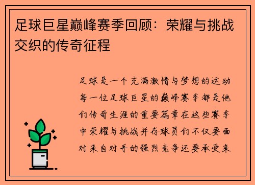 足球巨星巅峰赛季回顾：荣耀与挑战交织的传奇征程